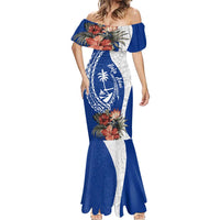 Blue Guam Hafa Adai Mermaid Dress Tropical Flowers with Polynesian Pattern