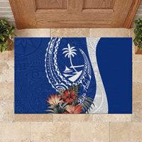 Blue Guam Hafa Adai Rubber Doormat Tropical Flowers with Polynesian Pattern