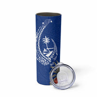 Blue Guam Hafa Adai Skinny Tumbler Tropical Flowers with Polynesian Pattern