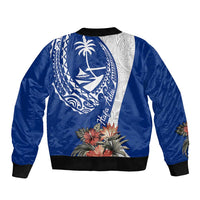 Blue Guam Hafa Adai Sleeve Zip Bomber Jacket Tropical Flowers with Polynesian Pattern