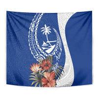 Blue Guam Hafa Adai Tapestry Tropical Flowers with Polynesian Pattern