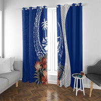 Blue Guam Hafa Adai Window Curtain Tropical Flowers with Polynesian Pattern