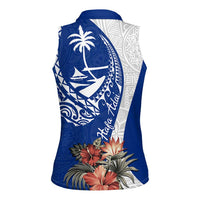 Blue Guam Hafa Adai Women Sleeveless Polo Shirt Tropical Flowers with Polynesian Pattern
