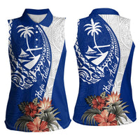 Blue Guam Hafa Adai Women Sleeveless Polo Shirt Tropical Flowers with Polynesian Pattern
