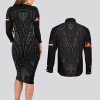 Queensland Maori Rugby Nga Hau e Wha Couples Matching Long Sleeve Bodycon Dress and Long Sleeve Button Shirt Black Motif LT9 - Polynesian Pride