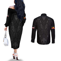 Queensland Maori Rugby Nga Hau e Wha Couples Matching Off The Shoulder Long Sleeve Dress and Long Sleeve Button Shirt Black Motif LT9 - Polynesian Pride
