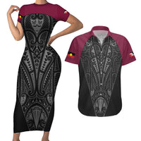 Queensland Maori Rugby Nga Hau e Wha Couples Matching Short Sleeve Bodycon Dress and Hawaiian Shirt Maroon Motif LT9 Maroon - Polynesian Pride