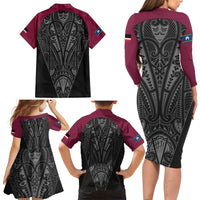 Queensland Maori Rugby Nga Hau e Wha Family Matching Long Sleeve Bodycon Dress and Hawaiian Shirt Maroon Motif LT9 - Polynesian Pride