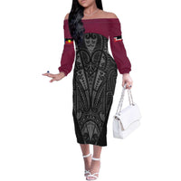 Queensland Maori Rugby Nga Hau e Wha Family Matching Off The Shoulder Long Sleeve Dress and Hawaiian Shirt Maroon Motif LT9 Mom's Dress Maroon - Polynesian Pride