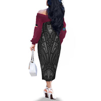 Queensland Maori Rugby Nga Hau e Wha Family Matching Off The Shoulder Long Sleeve Dress and Hawaiian Shirt Maroon Motif LT9 - Polynesian Pride