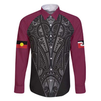 Queensland Maori Rugby Nga Hau e Wha Family Matching Off Shoulder Short Dress and Hawaiian Shirt Maroon Motif LT9 Dad's Shirt - Long Sleeve Maroon - Polynesian Pride