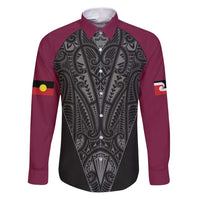 Queensland Maori Rugby Nga Hau e Wha Family Matching Puletasi and Hawaiian Shirt Maroon Motif LT9 Dad's Shirt - Long Sleeve Maroon - Polynesian Pride