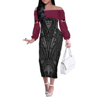 Queensland Maori Rugby Nga Hau e Wha Off The Shoulder Long Sleeve Dress Maroon Motif