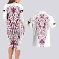 Queensland Maori Rugby Nga Hau e Wha Couples Matching Long Sleeve Bodycon Dress and Hawaiian Shirt White Motif LT9 - Polynesian Pride
