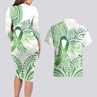 Its Okay Green Ribbon Personalised Couples Matching Long Sleeve Bodycon Dress and Hawaiian Shirt Polynesian Depression Awareness