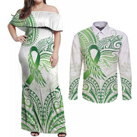 Its Okay Green Ribbon Personalised Couples Matching Off Shoulder Maxi Dress and Long Sleeve Button Shirt Polynesian Depression Awareness