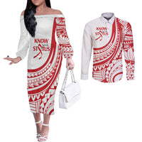 Know Your Status Red Ribbon Personalised Couples Matching Off The Shoulder Long Sleeve Dress and Long Sleeve Button Shirt Polynesian AIDS Awareness