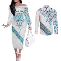 Kahui Whetu Paua shell Kowhaiwhai Taniko Personalised Couples Matching Off The Shoulder Long Sleeve Dress and Long Sleeve Button Shirt Manta Ray Shark-Turtle Maori Tribal Style LT9 Blue - Polynesian Pride