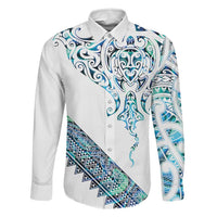 Kahui Whetu Paua shell Kowhaiwhai Taniko Personalised Family Matching Puletasi and Hawaiian Shirt Manta Ray Shark-Turtle Maori Tribal Style LT9 Dad's Shirt - Long Sleeve Blue - Polynesian Pride