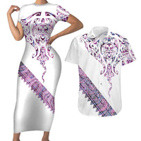 Mawhero Paua shell Kowhaiwhai Taniko Personalised Couples Matching Short Sleeve Bodycon Dress and Hawaiian Shirt Manta Ray Shark-Turtle Maori Tribal Style LT9 Pink - Polynesian Pride