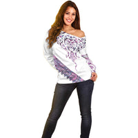Mawhero Paua shell Kowhaiwhai Taniko Personalised Off Shoulder Sweater Manta Ray Shark-Turtle Maori Tribal Style