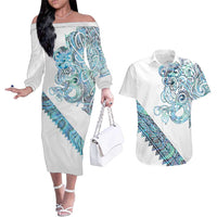 Kahui Whetu Paua shell Kowhaiwhai Taniko Personalised Couples Matching Off The Shoulder Long Sleeve Dress and Hawaiian Shirt Taniwha Maori Tribal Style LT9 Blue - Polynesian Pride