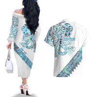 Kahui Whetu Paua shell Kowhaiwhai Taniko Personalised Couples Matching Off The Shoulder Long Sleeve Dress and Hawaiian Shirt Taniwha Maori Tribal Style LT9 - Polynesian Pride