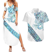 Kahui Whetu Paua shell Kowhaiwhai Taniko Personalised Couples Matching Summer Maxi Dress and Hawaiian Shirt Taniwha Maori Tribal Style LT9 Blue - Polynesian Pride