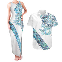 Kahui Whetu Paua shell Kowhaiwhai Taniko Personalised Couples Matching Tank Maxi Dress and Hawaiian Shirt Taniwha Maori Tribal Style LT9 Blue - Polynesian Pride