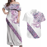 Mawhero Paua shell Kowhaiwhai Taniko Personalised Couples Matching Off Shoulder Maxi Dress and Hawaiian Shirt Taniwha Maori Tribal Style LT9 Pink - Polynesian Pride