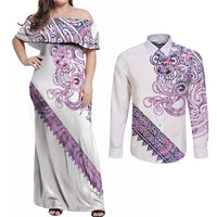 Mawhero Paua shell Kowhaiwhai Taniko Personalised Couples Matching Off Shoulder Maxi Dress and Long Sleeve Button Shirt Taniwha Maori Tribal Style LT9 Pink - Polynesian Pride