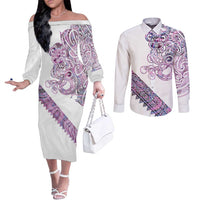 Mawhero Paua shell Kowhaiwhai Taniko Personalised Couples Matching Off The Shoulder Long Sleeve Dress and Long Sleeve Button Shirt Taniwha Maori Tribal Style LT9 Pink - Polynesian Pride