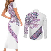 Mawhero Paua shell Kowhaiwhai Taniko Personalised Couples Matching Short Sleeve Bodycon Dress and Long Sleeve Button Shirt Taniwha Maori Tribal Style LT9 - Polynesian Pride
