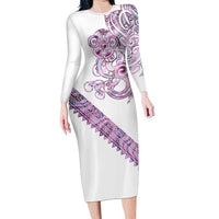 Mawhero Paua shell Kowhaiwhai Taniko Personalised Family Matching Long Sleeve Bodycon Dress and Hawaiian Shirt Taniwha Maori Tribal Style LT9 Mom's Dress Pink - Polynesian Pride