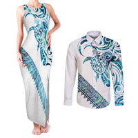 Kahui Whetu Paua shell Kowhaiwhai Taniko Personalised Couples Matching Tank Maxi Dress and Long Sleeve Button Shirt Turtle Tattoo Maori Tribal Style LT9 Blue - Polynesian Pride