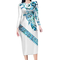 Kahui Whetu Paua shell Kowhaiwhai Taniko Personalised Long Sleeve Bodycon Dress Turtle Tattoo Maori Tribal Style LT9 Long Dress Blue - Polynesian Pride