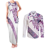 Mawhero Paua shell Kowhaiwhai Taniko Personalised Couples Matching Tank Maxi Dress and Long Sleeve Button Shirt Turtle Tattoo Maori Tribal Style LT9 Pink - Polynesian Pride