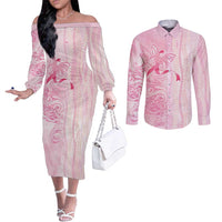 Breast Cancer Awareness Couples Matching Off The Shoulder Long Sleeve Dress and Long Sleeve Button Shirt Maile Pikake Lokelani Crown Flower Lei Inspired LT9 Pink - Polynesian Pride