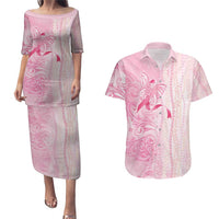 Breast Cancer Awareness Couples Matching Puletasi and Hawaiian Shirt Maile Pikake Lokelani Crown Flower Lei Inspired LT9 Pink - Polynesian Pride