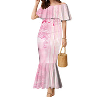 Breast Cancer Awareness Family Matching Mermaid Dress and Hawaiian Shirt Maile Pikake Lokelani Crown Flower Lei Inspired LT9 Mom's Dress Pink - Polynesian Pride