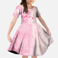 Breast Cancer Awareness Family Matching Off The Shoulder Long Sleeve Dress and Hawaiian Shirt Maile Pikake Lokelani Crown Flower Lei Inspired LT9 Daughter's Dress Pink - Polynesian Pride