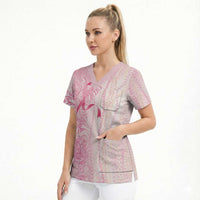 Breast Cancer Awareness Scrub Top Maile Pikake Lokelani Crown Flower Lei Inspired