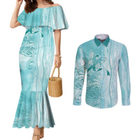 PTSD Awareness Couples Matching Mermaid Dress and Long Sleeve Button Shirt Maile Pikake Lokelani Crown Flower Lei Inspired