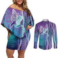 Suicide Prevention Awareness Couples Matching Off Shoulder Short Dress and Long Sleeve Button Shirt Maile Pikake Lokelani Crown Flower Lei Inspired