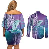 Suicide Prevention Awareness Couples Matching Off Shoulder Short Dress and Long Sleeve Button Shirt Maile Pikake Lokelani Crown Flower Lei Inspired