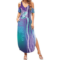 Suicide Prevention Awareness Family Matching Summer Maxi Dress and Hawaiian Shirt Maile Pikake Lokelani Crown Flower Lei Inspired LT9 Mom's Dress Multicolor - Polynesian Pride