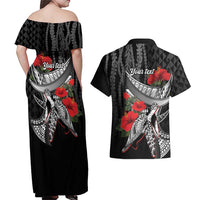 Hawaiian Honu Personalized Couples Matching Off Shoulder Maxi Dress and Hawaiian Shirt Black Tribal Hook Pattern