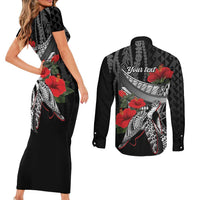 Hawaiian Honu Personalized Couples Matching Short Sleeve Bodycon Dress and Long Sleeve Button Shirt Black Tribal Hook Pattern