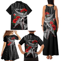 Hawaiian Honu Personalized Family Matching Tank Maxi Dress and Hawaiian Shirt Black Tribal Hook Pattern