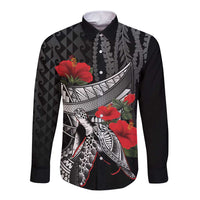 Hawaiian Honu Personalized Long Sleeve Button Shirt Black Tribal Hook Pattern